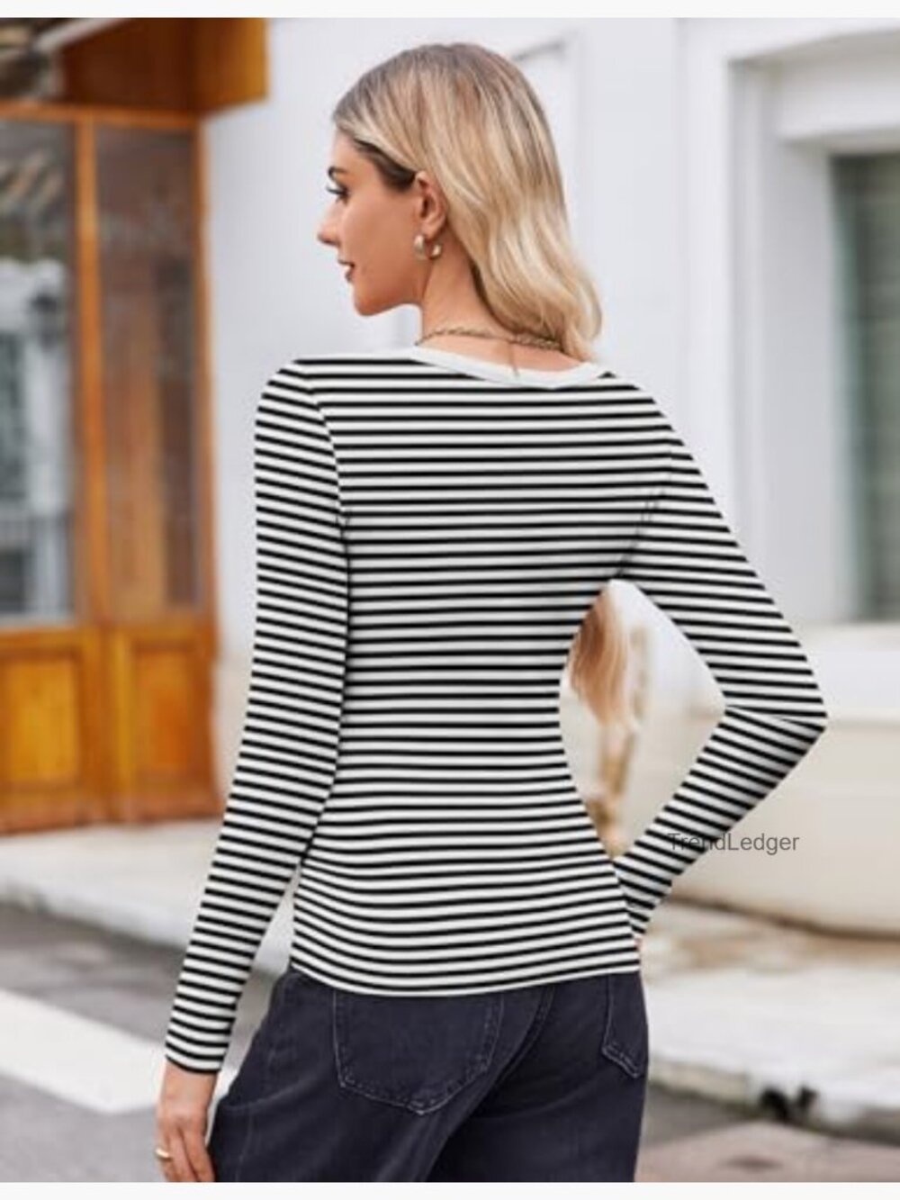 Long Sleeve Rib Knit Scoop Neck Tee Slim Fit Business Casual Top - Picture 5 of 7